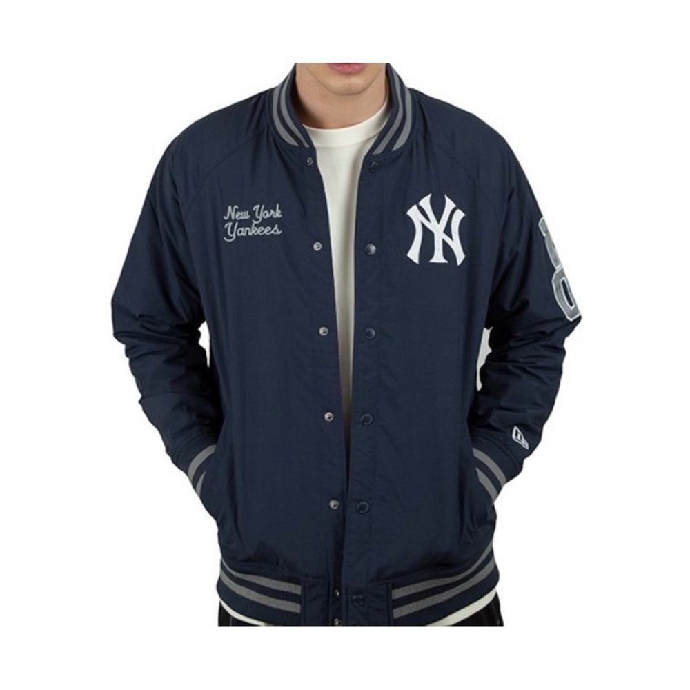 New Era New York Yankees Varsity Bomber Jacket Navy Blue Snap Front Mens Large